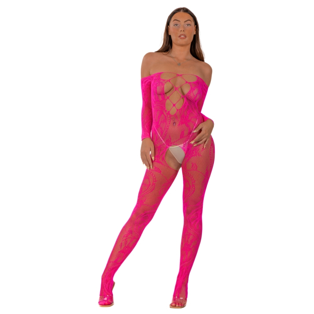 Lace by LJ Lace Up Front Crotchless Bodystocking Fuchsia - Image 2