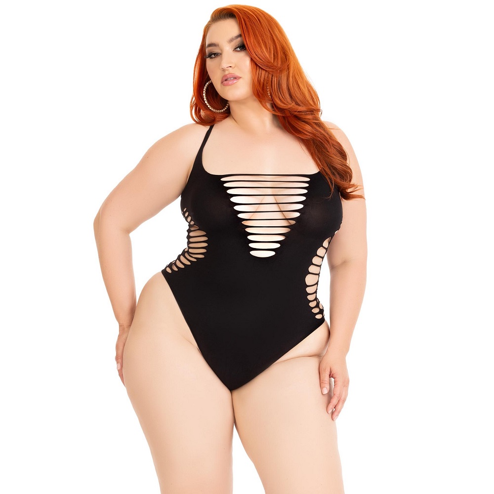 Leg Avenue Shredded Thong Bodysuit Black Plus Size - Image 4