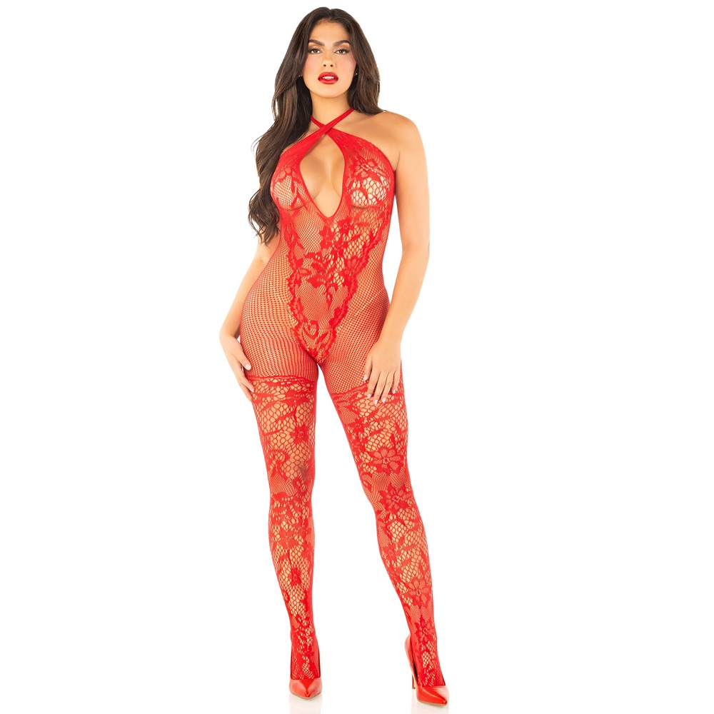 Leg Avenue Bodystocking with Crossover Halter Red - Image 4